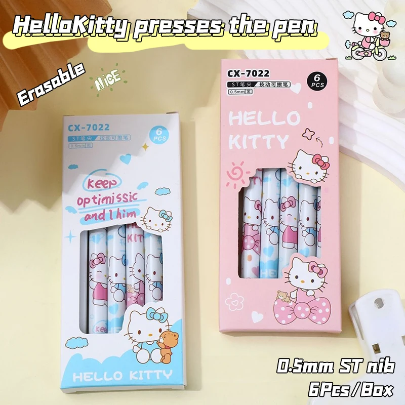 6Pcs Sanrio Hello Kitty Erasable Pen KT Cat Gel Pen Press Water-based Pen Office Signature Pen Writing Stationery