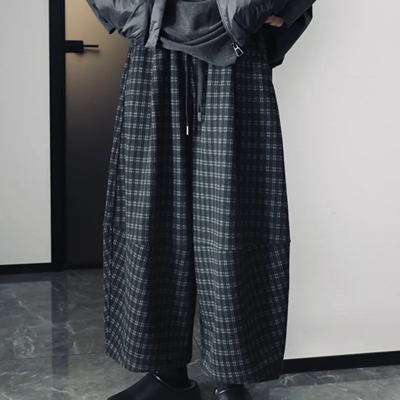 HKSH automne hiver nouveau femmes décontracté jambe large lanterne pantalon épaissir laine Plaid cordon taille élastique drapé Chic HK15691