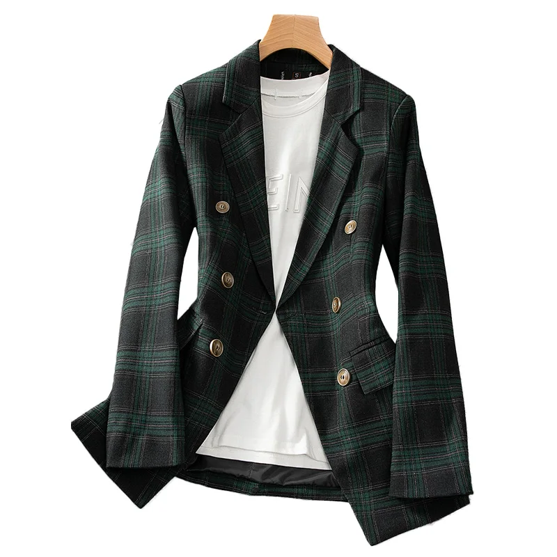 Blazers a cuadros de un solo botón para mujer, chaqueta de oficina para mujer, abrigos de cuello vuelto, chaqueta de manga larga delgada Vintage, nueva moda 2023