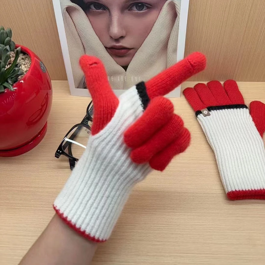 Winter Full Finger Color Block Gloves Outdoor Touch Screen Unisex Matching Knit Gloves Korean Style Long Warm Student Mittenss