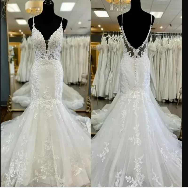 Customized Spaghetti Strap Lace Appliques Mermaid  Wedding Dress Robe De Mariée Backless Vintage   Bridal Gown