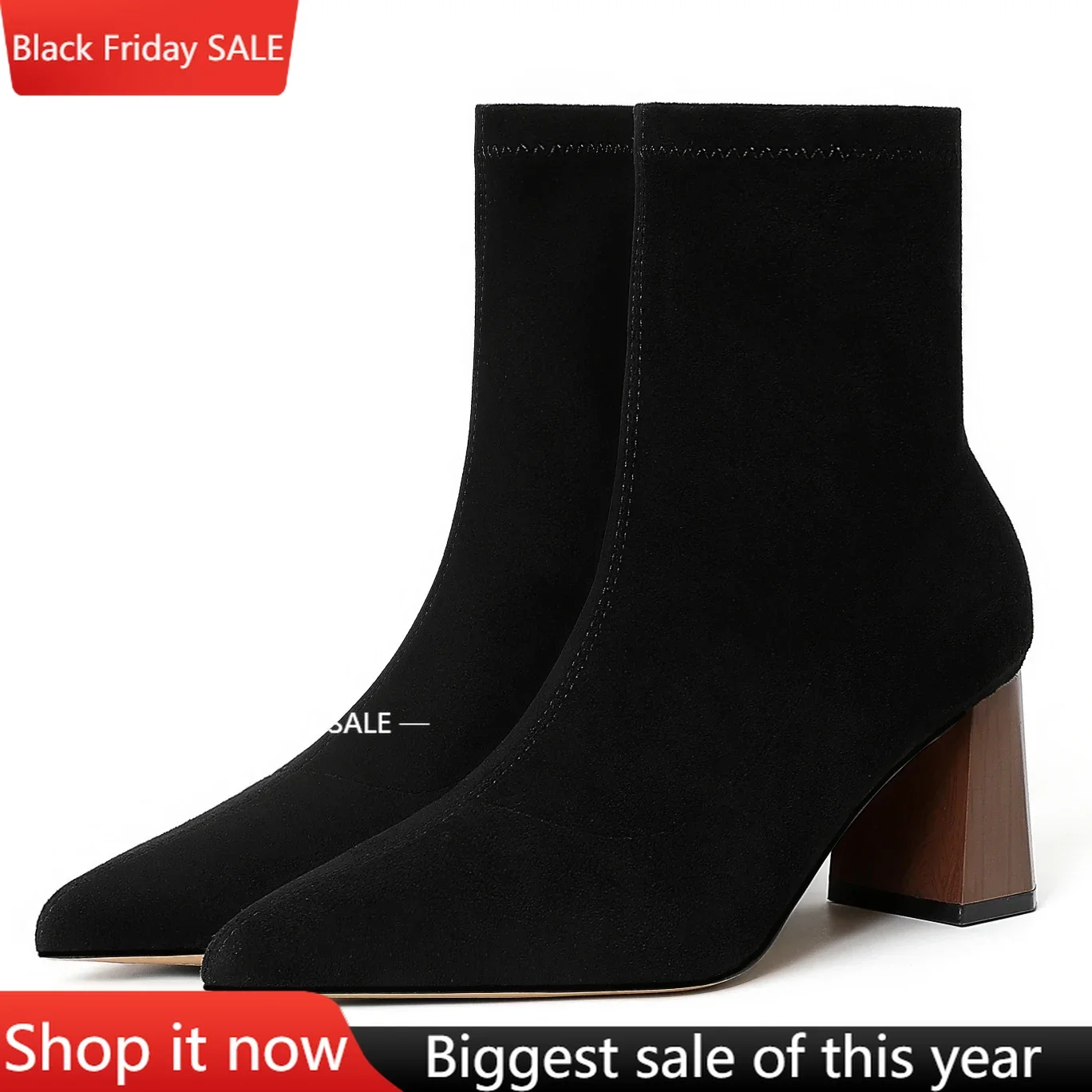 

【Measure your feet length before order】Luxry Designer Women Block High Heels Stretch Mid-Calf Boots Winter Dress Shoe 130-CHC-33