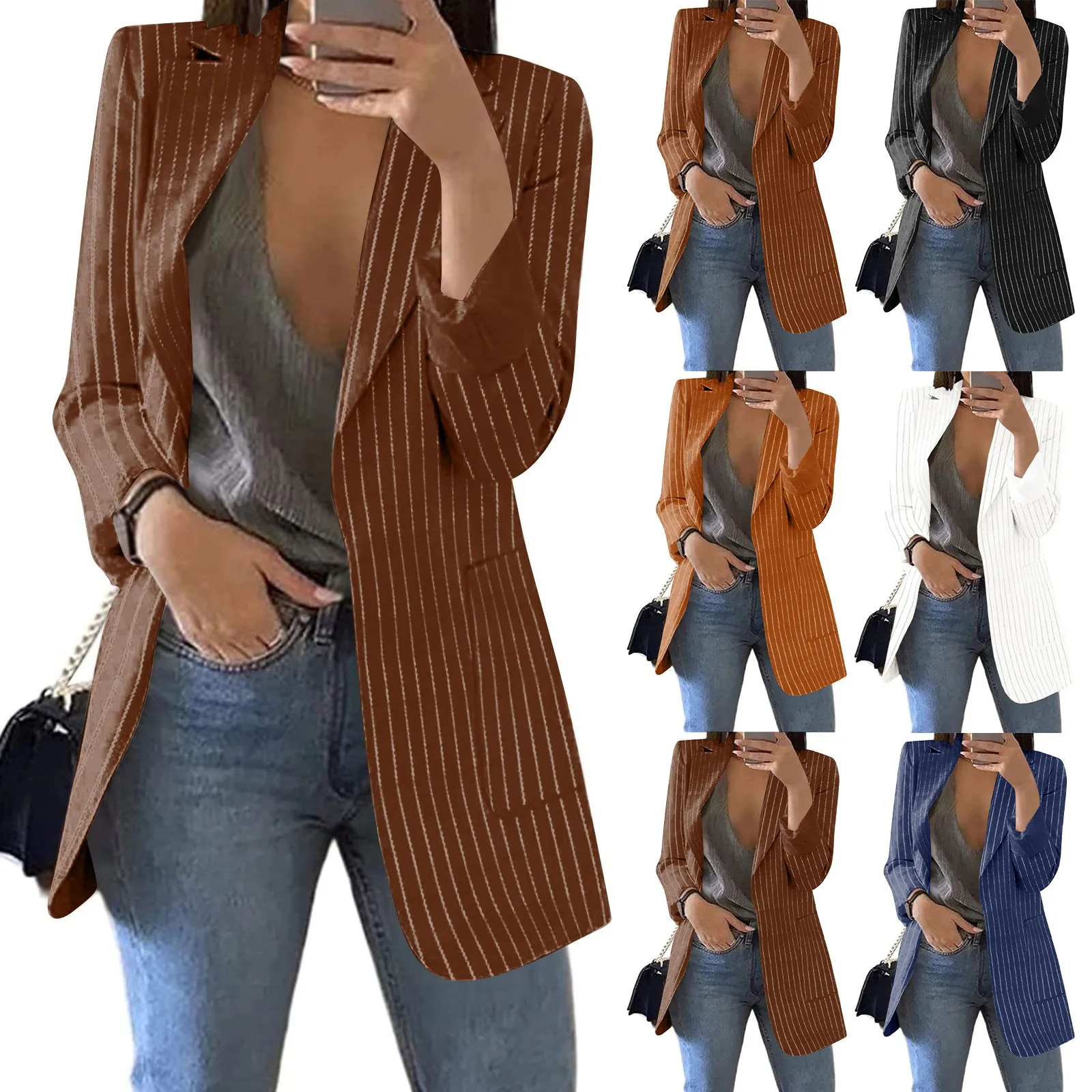 Women\'s Blazer Coat Stripe Open Front Pockets Cardigan Formal Suit Long Sleeve Blouse Coat