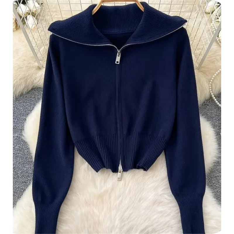 Women Lapel Double Zipper Cropped Knit Cardigan Long Sleeve Slim Waist Knitted Sweater Korean Style Spring Autumn Knit Top