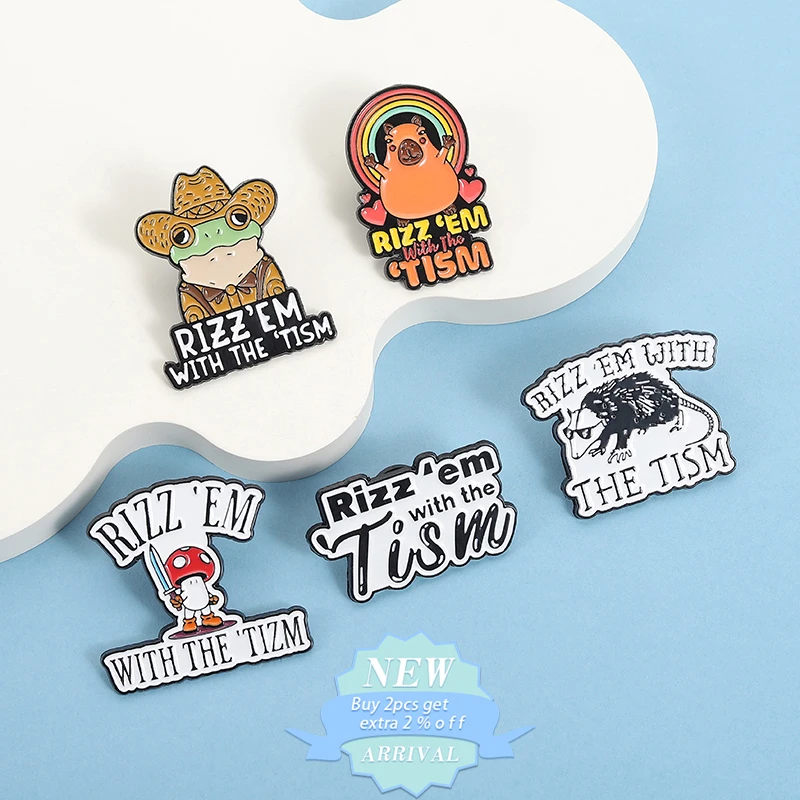 Rizz Em With The Tism Enamel Pin Rainbow Love Hippopotamus Cowboy Hat Frog Opossum Metal Brooches Lapel Badge Jewelry Gift