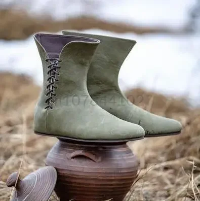Man's Medieval Retro Pu Leather Shoes Renaissance Knight Hunter Cosplay Lacing Cosplay Boots Halloween Carnival Shoes