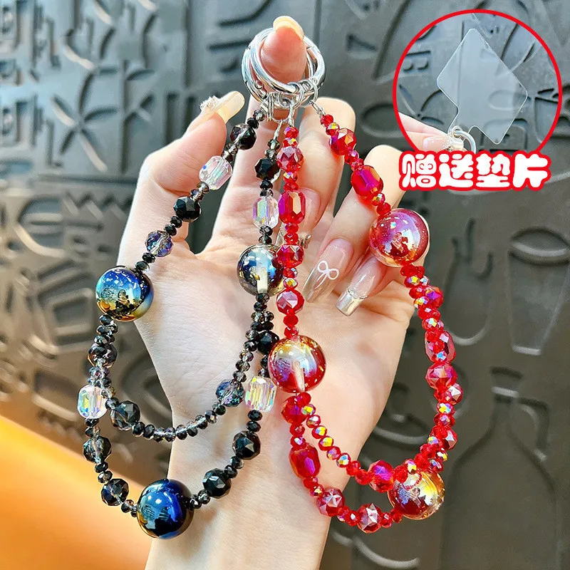 Double Chain Beaded Lanyard Anti-lost Cell Phone Wrist Strap Hanging Mobile Phone Charms Keychain