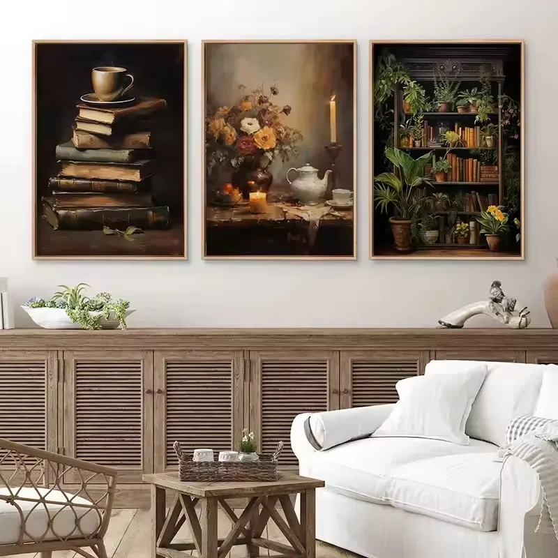 Dark Academia Candles Bookcase Plants Coffee Cup Posters Prints Canvas Painting Wall Art Vintage Pictures for Room Home Decor