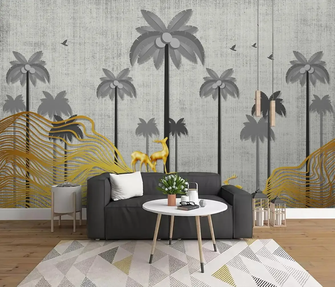 

Индивидуальные фотообои с изображением кокосового дерева и оленя для украшения гостиной, декор для телевизионного фона, художественное оформление дома, фотообои, наклейки для стен.