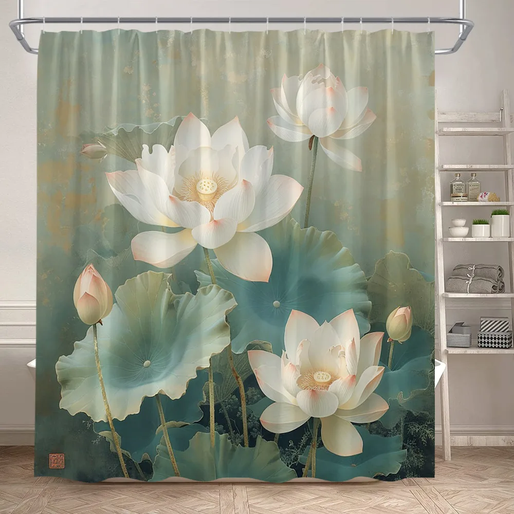 

Lotus Shower Curtains White Floral Green Leaves Plant Chinese Style Art Bath Curtain Polyester Bathroom Bathtub Decor With Hooks