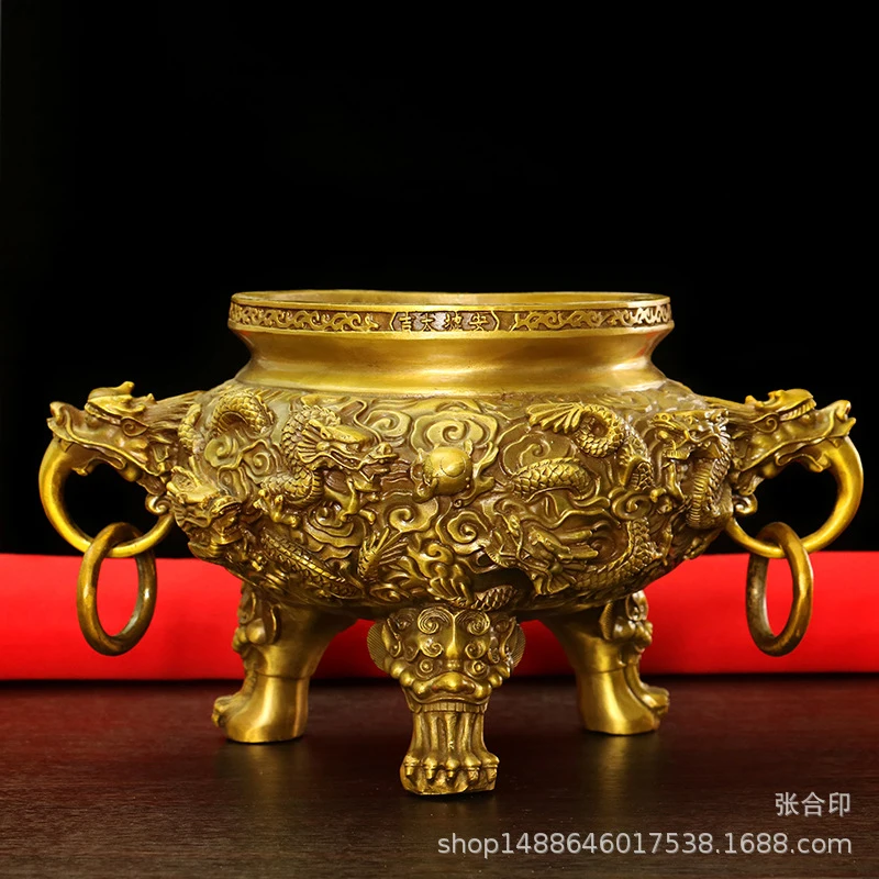 Brass Burner With Nine Dragons Design, Suitable For Living Room, Home, Buddhist Hall, Indoor Use, Double Dragon Incense