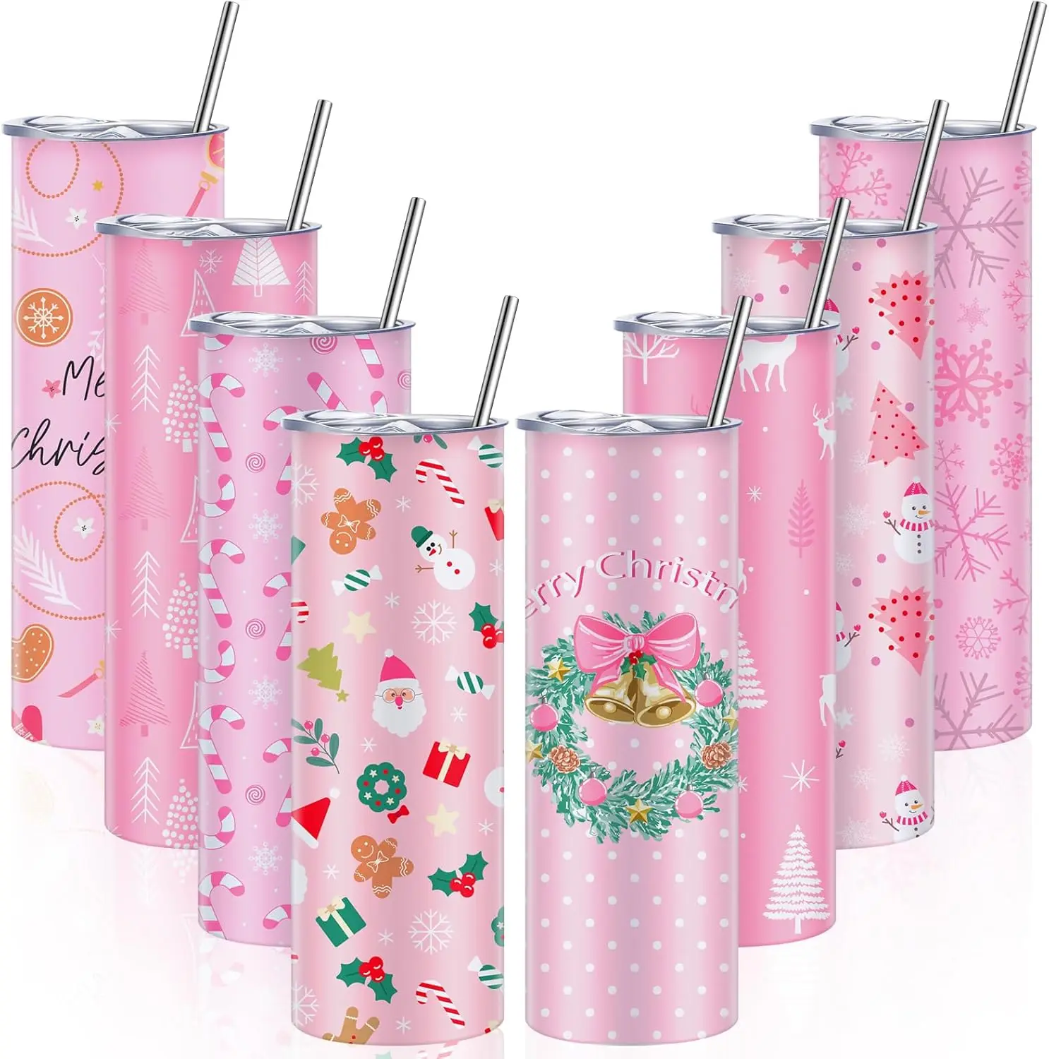 

8-Piece Christmas Tumbler Set with Lid, Straw & Brush - Double Insulated Stainless Steel Holiday Mug for Gifts
