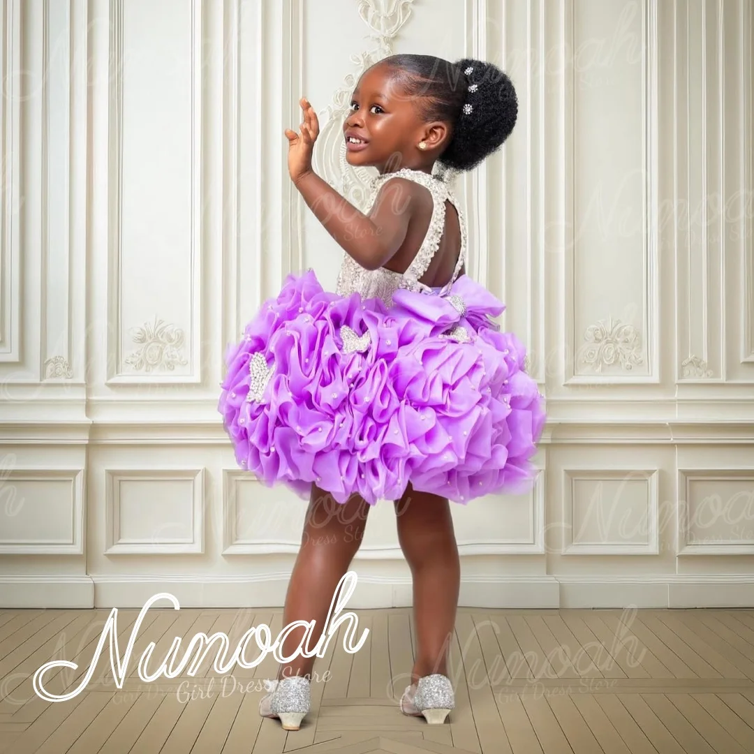 Purple Ruffles Flower Girl Dress For Wedding Beaded Girl Birthday Party Gowns Sleeveless First Holy Communion Gown Customized