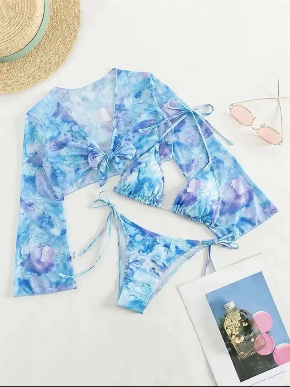 Sexy Blue Tie Dye 3-częściowy zestaw bikini dla kobiet z długim rękawem i wiązaniem z przodu Strój kąpielowy 2024 Strój kąpielowy z wiązaniem z boku