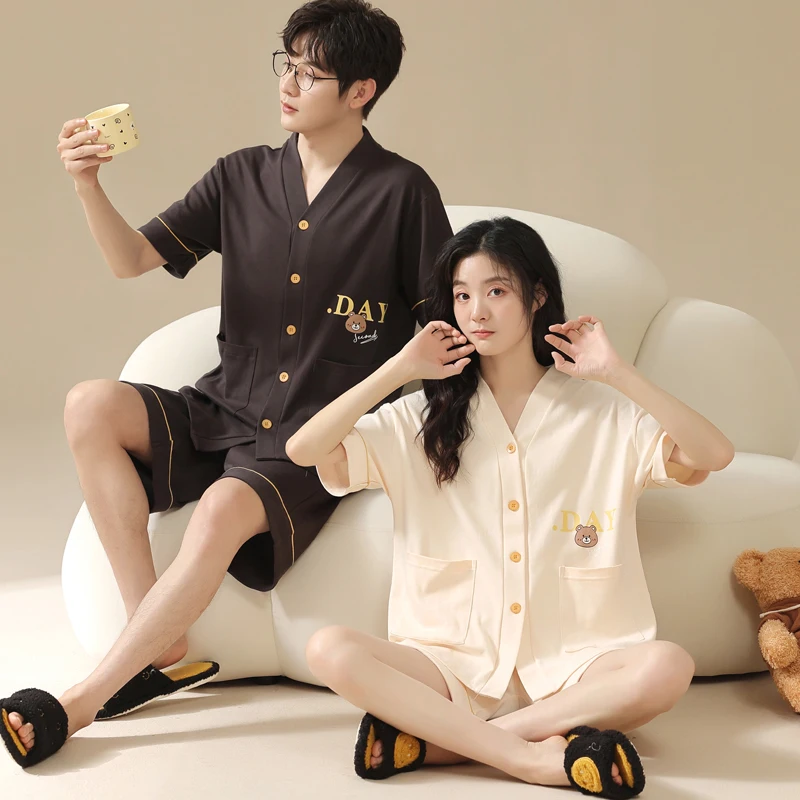 Summer 100% Cotton Short-sleeved Pajamas Suit Couple Pajamas Set Cute Cartoon V-Neck Cardigan Home Service