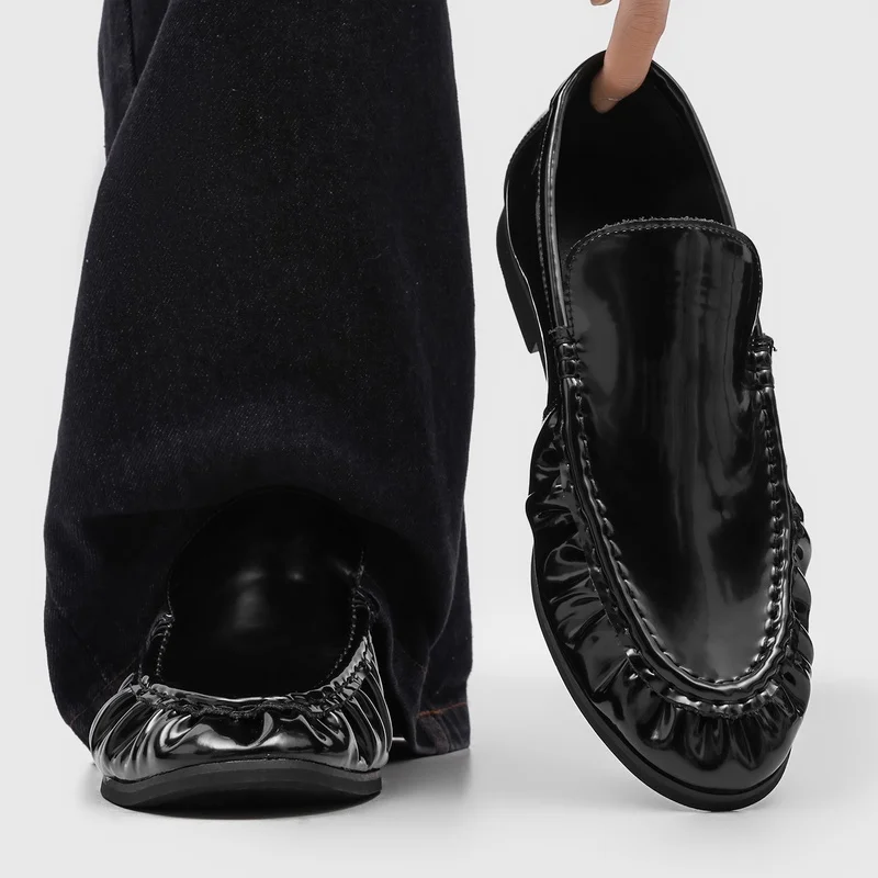 Casual Business Men's Loafers Debit Shoes Black Folded Bright Surface Daily Commuting Shoes Ultrafiber Leather round Toe Rubb...