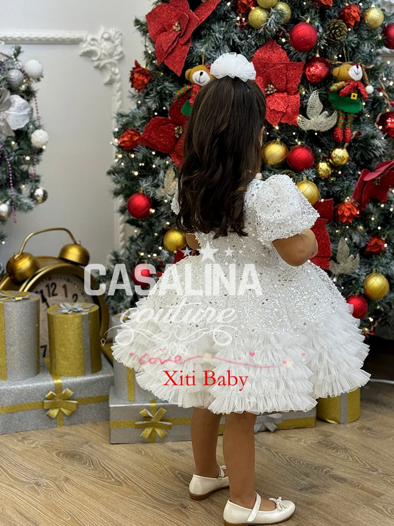Summer Short Sleeves Infant Toddler Flower Girl Dress Wedding Birthday Princess Tulle Pageant Dress Sequins Formal Prom Gowns