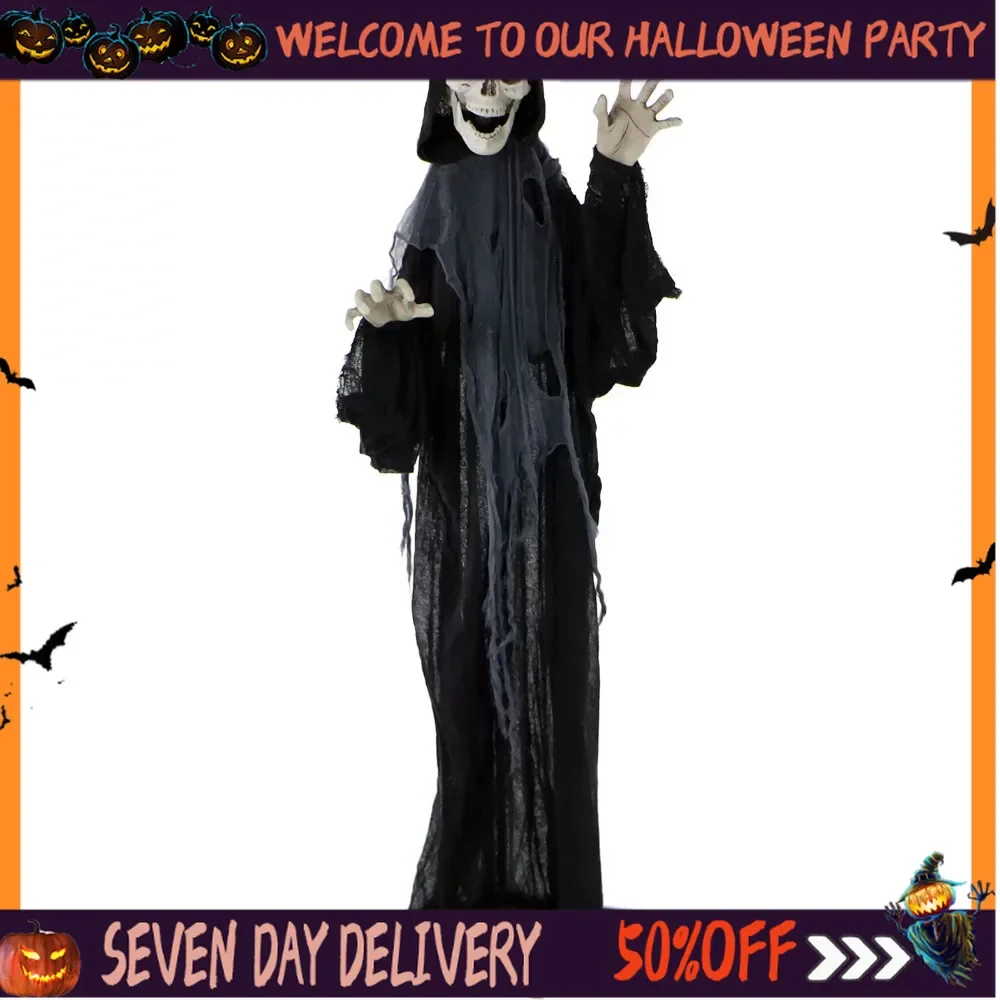 

Halloween Decoration Life-Size Animated Grim Reaper Prop W/Flashing Eyes and Ribs Indoor/Outdoor Halloween Decoration Fabric