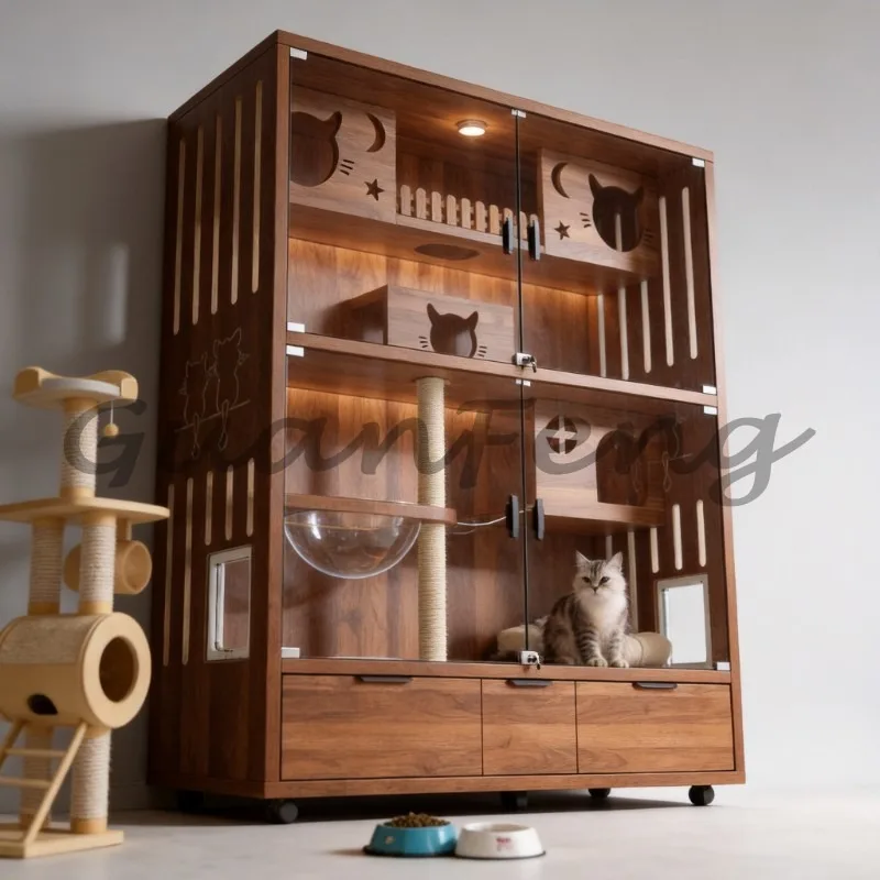 Luxury Cat Villa Cabinet Household Indoor Free‑Space  Cage Integrated Cat Nest With Built‑in  Litter Box