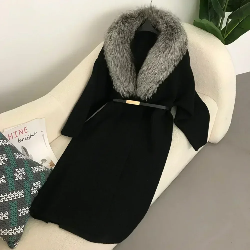 2024 Natural Fox Fur Collar Jacket Spring Autumn Real Sweater Fur Coat Women Belt Long Loose Thick Warm Outerwear Knitting Coat
