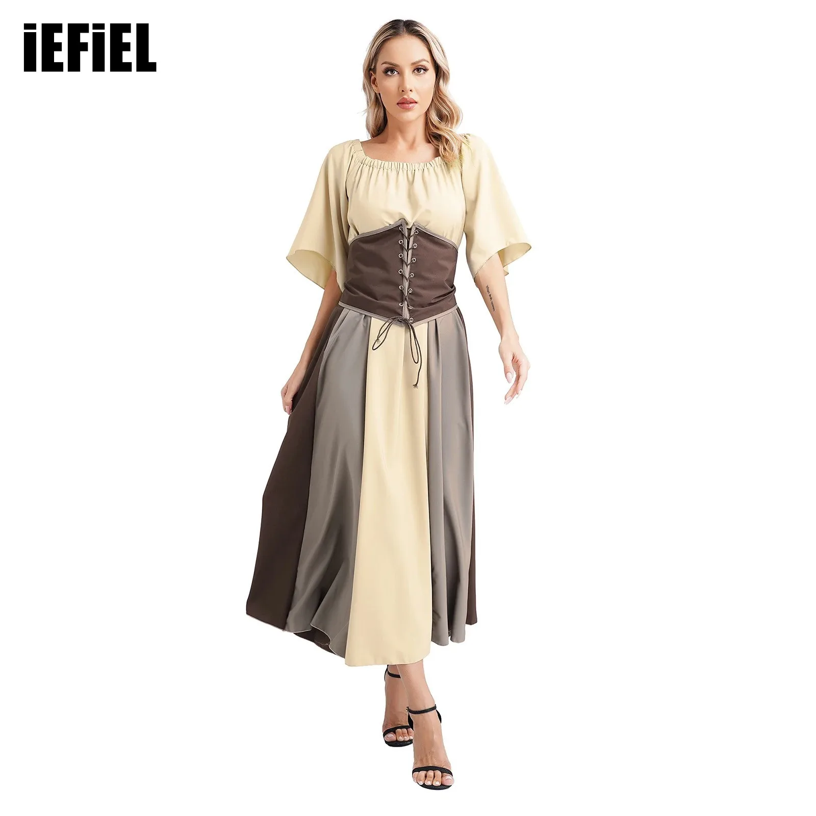 

Womens Medieval Contrast Dress with Lace-up Waist Belt Off Shoulder Fly Sleeve Contrast Hem Swing Dress Gothic Irish Dress