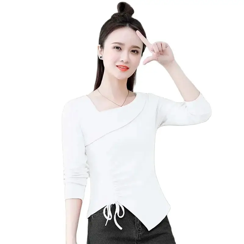 

Spring Summer Short Pure Colour Shirt Women 2024 New V-Neck Shirts Fashion Drawstring Blouse Loose Bottoming Shirt Top Female