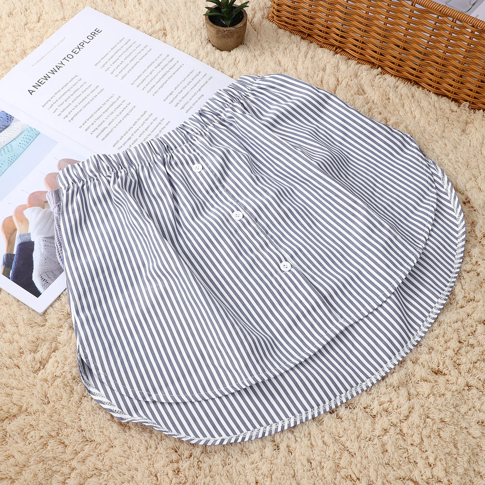 

2pcs White Blue Striped Fake Skirt Women Layering Shirt Extender Mini Underskirt Half Length Lower Sweep Hemline For Office