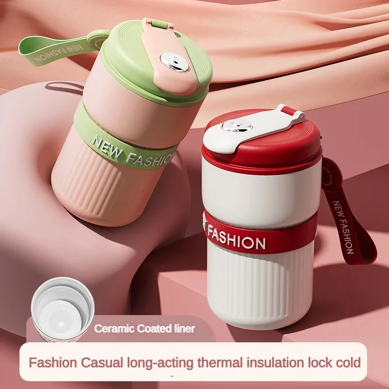 New 316 Stainless Steel Mug Ceramic Coated Liner Coffee Cup 450ML Portable Simple Stripes Couple Thermos Coffee Cup Water Bottle