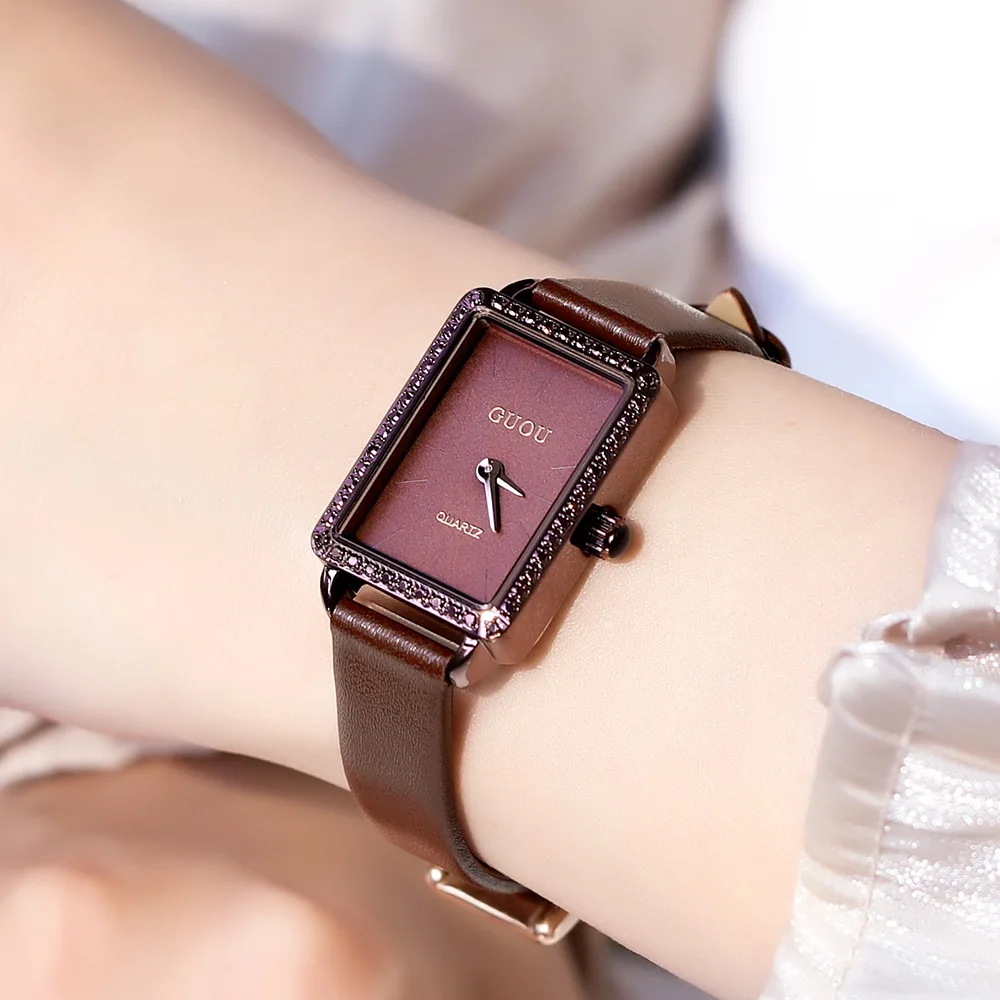 New Luxury Brand lady Crystal Watch Women Dress Watch Fashion Rectangle Red Quartz Watches Waterproof Real Leather Wristwatches