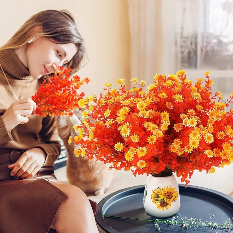 Autumn Artificial Flowers Bouquet Orange Fake Eucalyptus Plant for Home Room Decor Garden Wedding Halloween Christmas Decoration