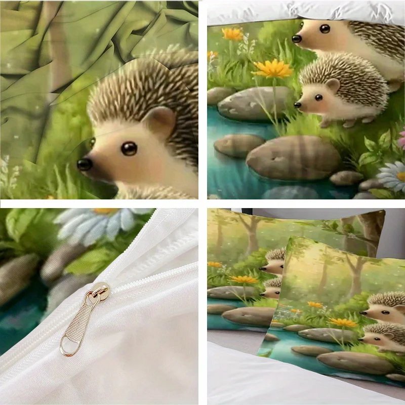 3pcs Cartoon Cute Hedgehog Flower Perfect Duvet Cover Set Soft Comfortable Breathable Bedding Set Suitable For All Seasons