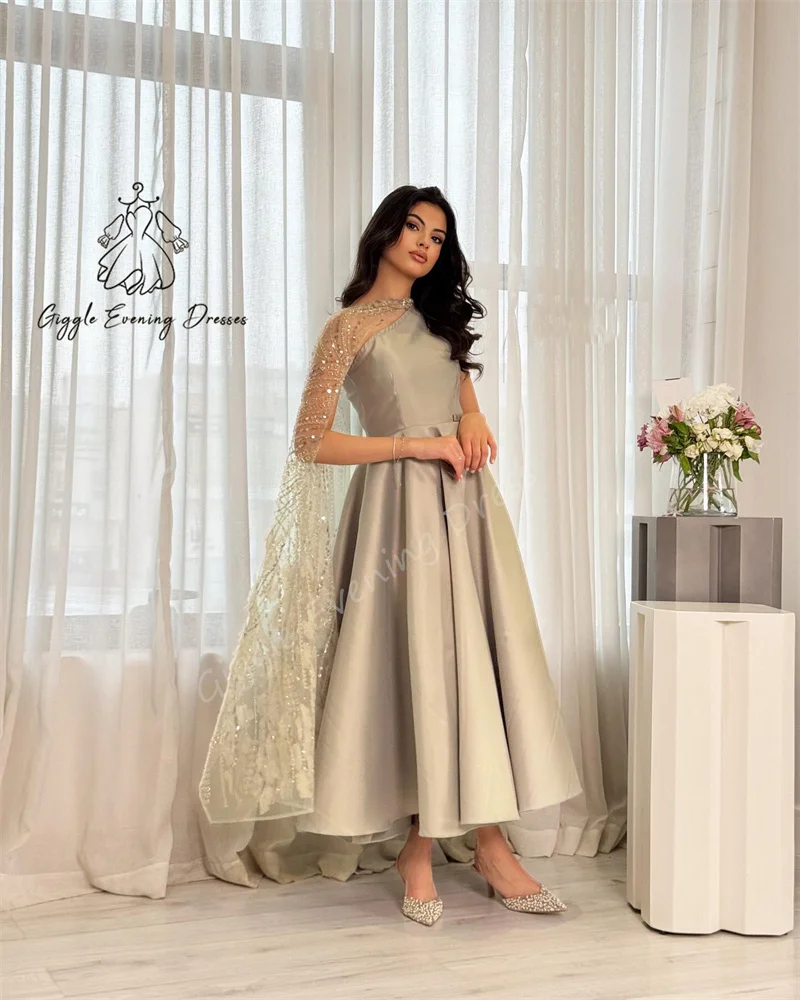 

Giggle O-neck Neckline Exquisite Pearl Embroidery Tulle Prom Gown Pleat A-line 2025 Satin Saudi Arab Flower Evening Party Dress
