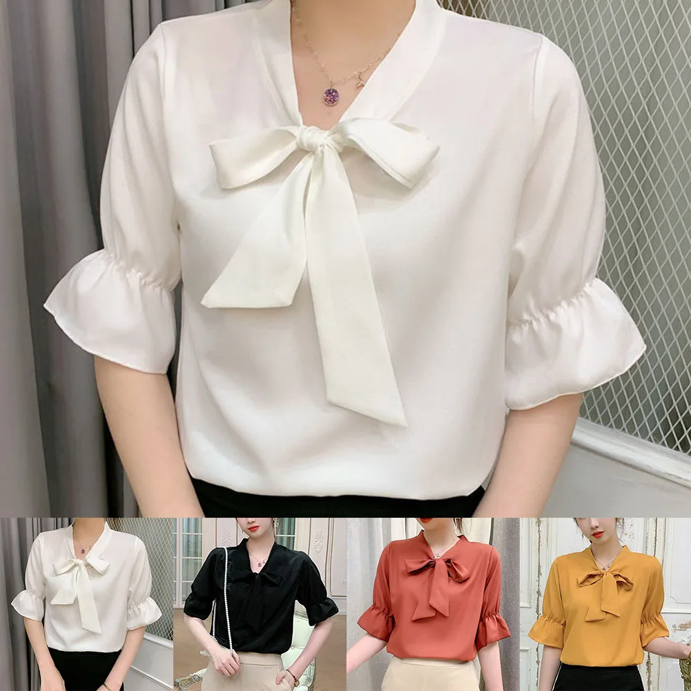 Fashion Bow Collar Apricot Chiffon Blouse Shirt Women Tops Blusas Mujer De Moda Verano Short Sleeve Blouse Women Blusa