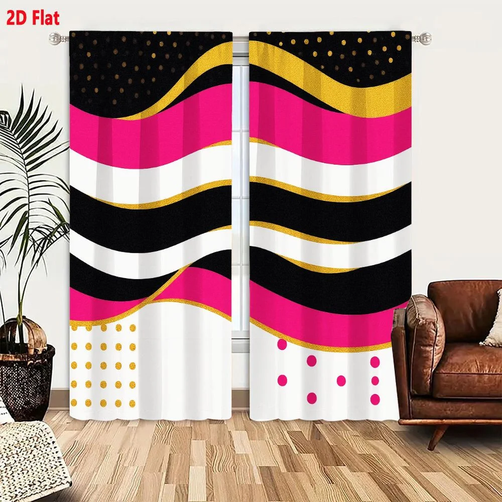 2Pcs Curtains 2D Flat Abstract Modern Graphic Design With Smooth Wavy Lines In Black White Bright Pink Gold Black Background Sca