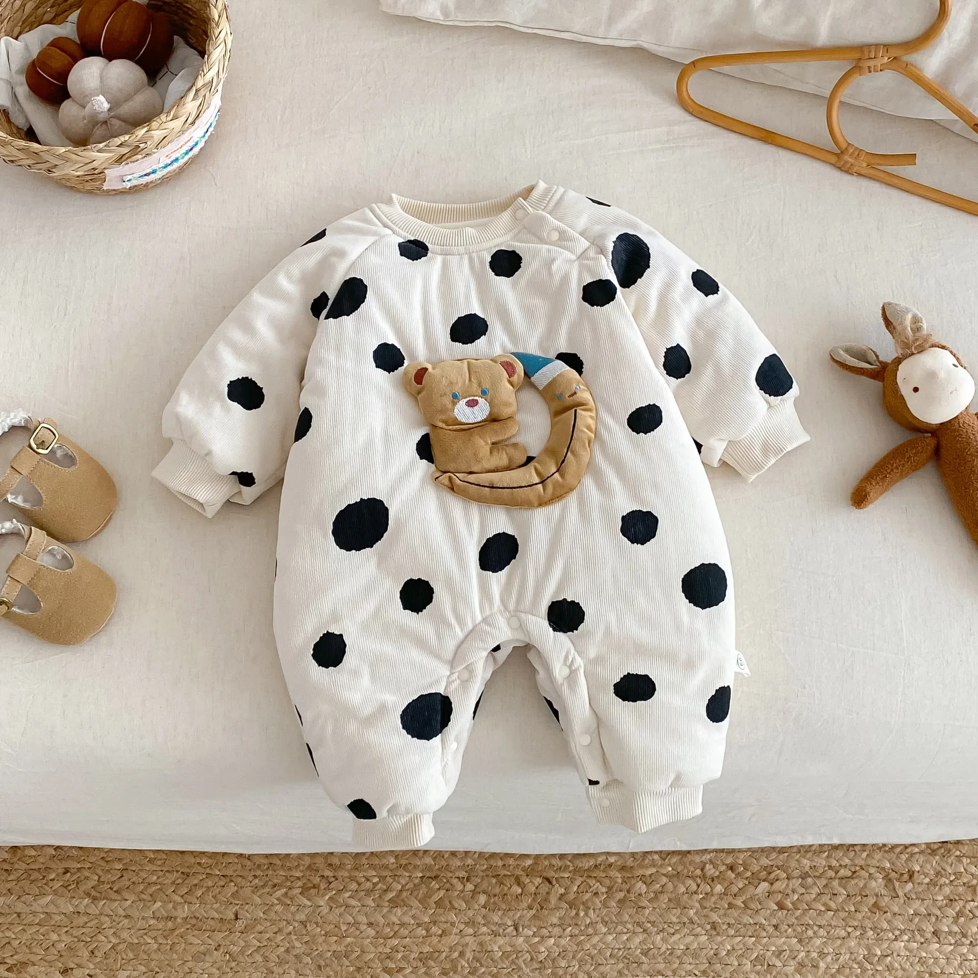 

Одежда для новорожденных мальчиков и девочек, комбинезон с милым медведем, зимний комбинезон с хлопковой подкладкой в горошек, теплая универсальная одежда