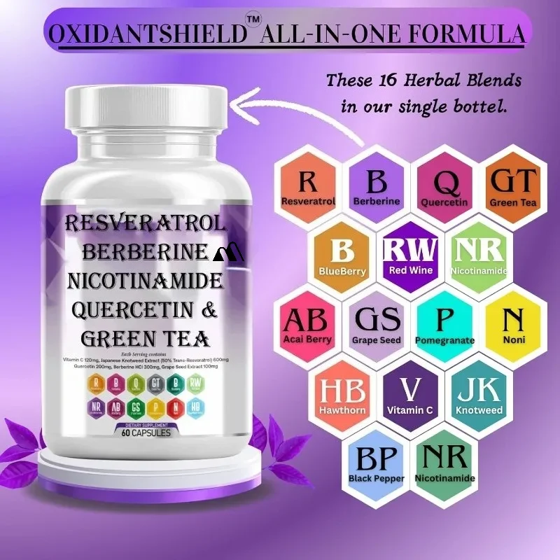 NAD Supplement Resveratrol Berberine, Quercetin, Grape Seeds, Green Tea, Vitamin C Antioxidant Polyphenol Supplement 60 Capsules