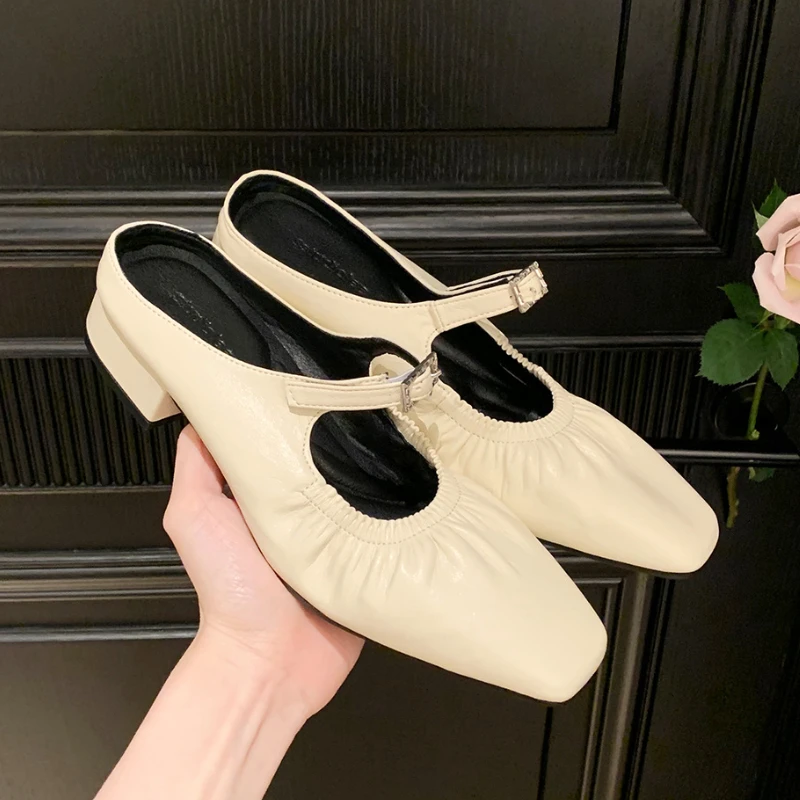 

2024 Women's Mule Flats Fashion Pearl Designer Casual Elastic Pleated Comfortable Slip-on Slingbacks Ladies Mary Jane Shoes