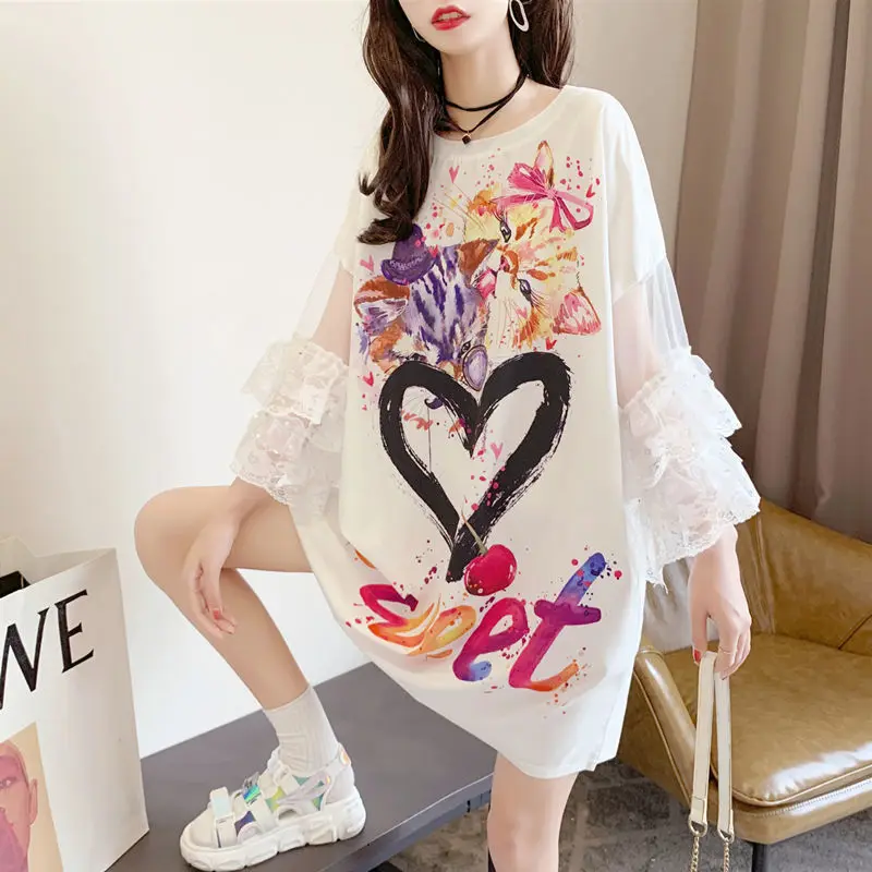 

Summer Lace Patchwork Pullovers Half Sleeve Women's Clothing Casual Printed Round Neck Basic Korean Hand-Painted Loose T-shirt