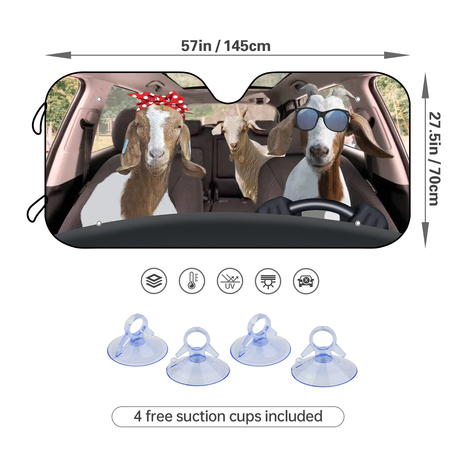 1pc Goat Couple Car Sun Shade Cover Windshield With 4 Free Suction Cups, Animal Sheep Driver Auto Foldable Blocks UV Rays Sun Vi