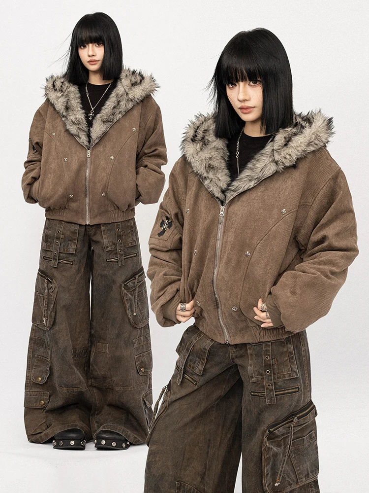 

OCTTFLAB American Retro Hooded Thiened Fur Collar Women's Loose Warm ort Cotton Jaet Mountain Eagle Embroidery Winter Coat