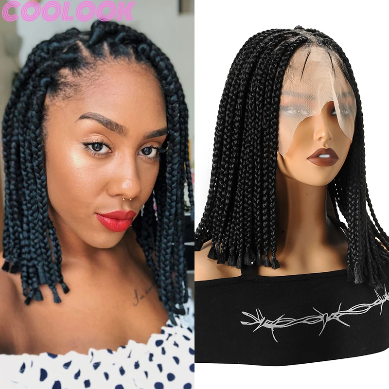 10inch Box Braided Synthetic Full Lace Wigs Black Short Bob Cornrow Braids with Plait Wigs Natural Lace Frontal Wig for Braiding