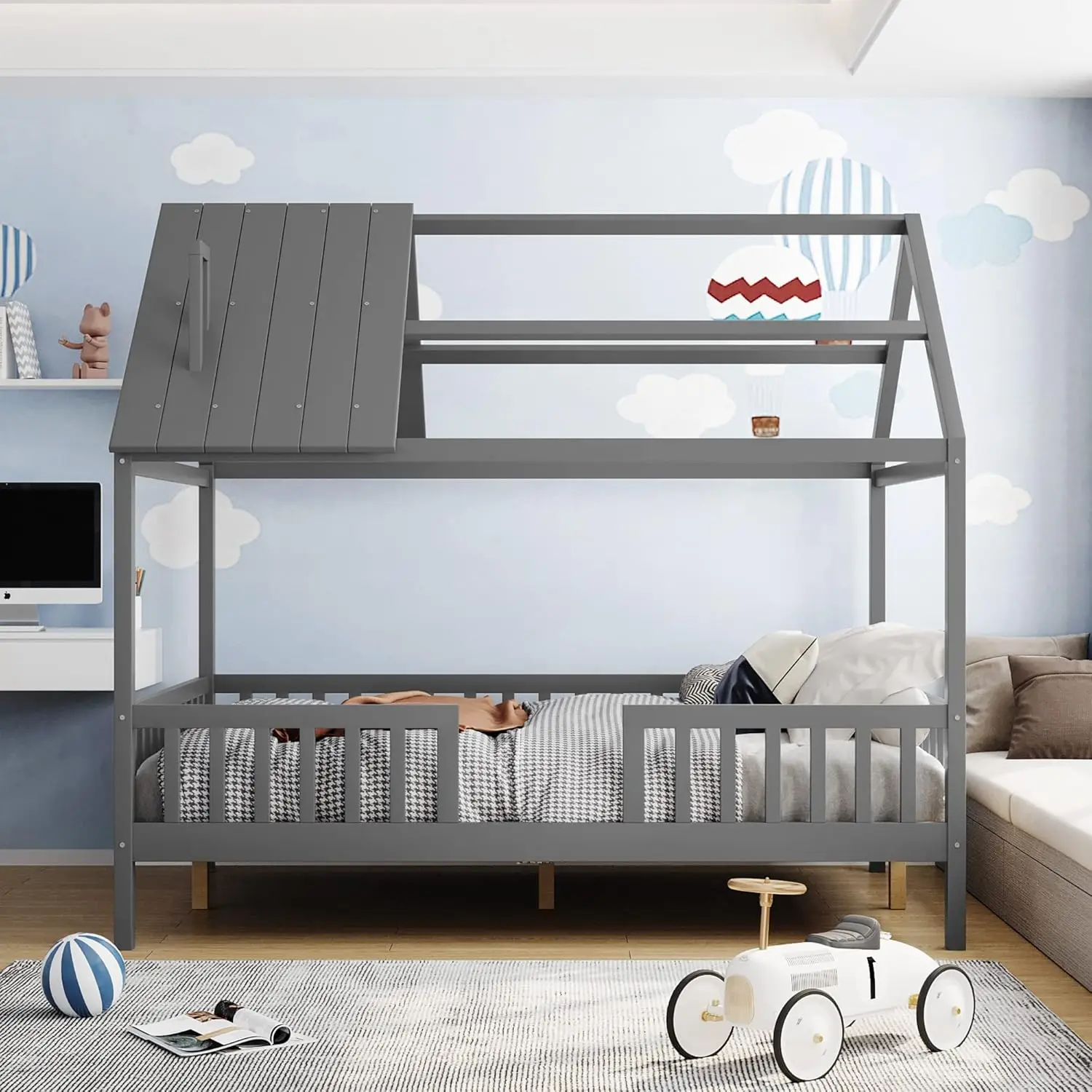 Merax Full House Bed For Kids,Wood Full Bed Frame House-Shaped Bed Platform Bed Frame With Roof Windows And Full-Length Safety