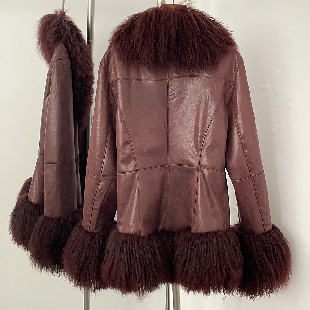 معطف الخريف والشتاء منغوليا الطبيعية الحقيقية معطف فرو الأغنام موضة جديدة سترة الفراء المرأة سميكة الدافئة ملابس خارجية غير رسمية بدوره إلى أسفل طوق