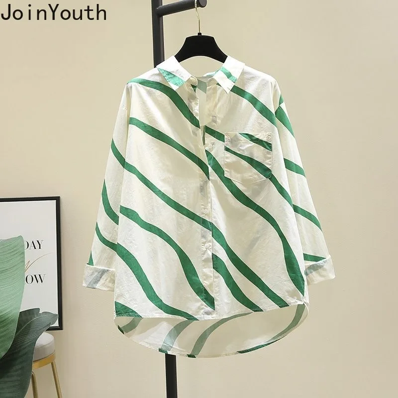 Green Striped Shirts for Women Long Sleeve Casual Summer Blouses 2024 Blusas Mujer De Moda Vintage Fashion Oversized Tops 27y285