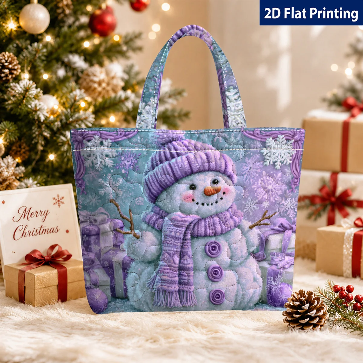 Snowman Pattern Quilted Printed Tote Bag, Large Capacity Lightweight Handbag Without Zipper, Soft Casual Women's Shoulder Bag