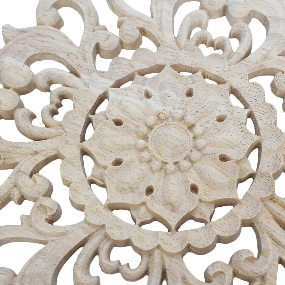 2PCS Woodcarving Furniture Wood Door Round Applique Flower Miniature Crafts Figurine Home Decoration Accessories for Living Room