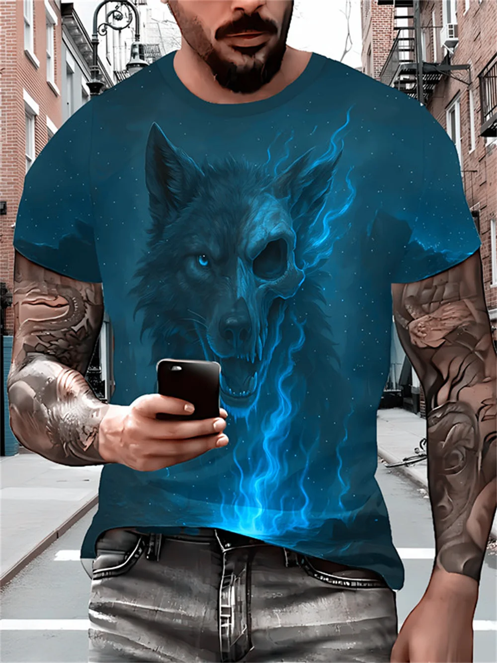 Fashion Horror Wolf Pattern Men's T-Shirts Summer Short Sleeve 3D Print Street Terror Hip Hop Male Tee 6XL Plus Size Casual Tops