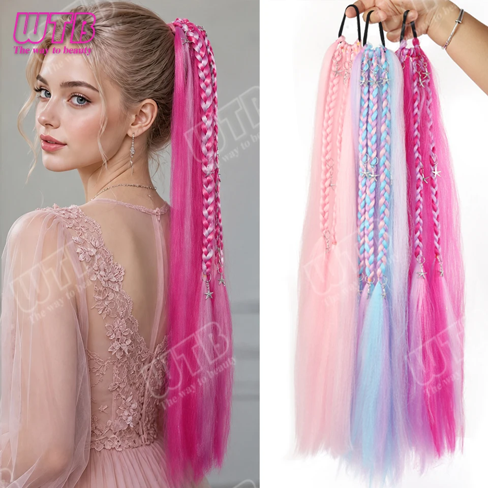 Synthetic Wig Colorful Straight Ponytail with Small Braids & Small Accessories Elastic Band Style for Women Party Festival Event