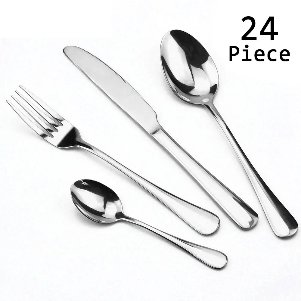 24Pcs Stainless Steel Dinnerware Set Silver Cutlery Knife Fork Spoon Dinner Set Western Tableware Home Kitchen Dishwasher Safe