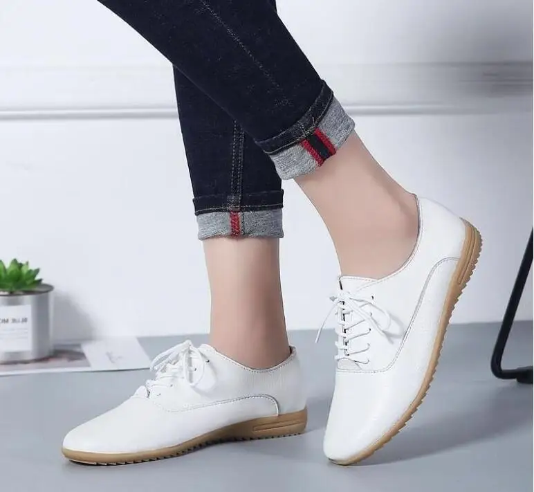 New Genuine Leather Shoes Woman Soft shoes for Women Flats shoes size 36-41 Ladies Lace Up Non-Slip Loafers